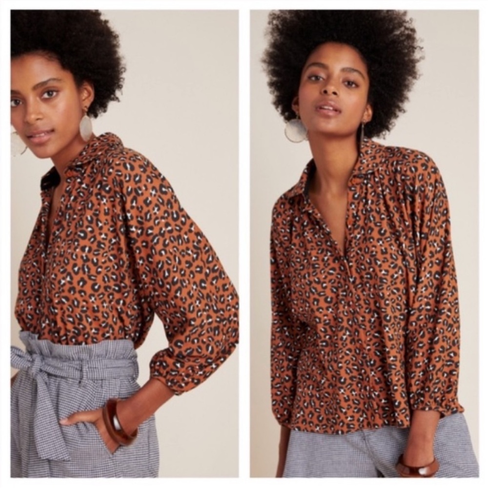 Anthropologie Porridge Abbe Leopard Button Down Top NEW Size Small Brown
